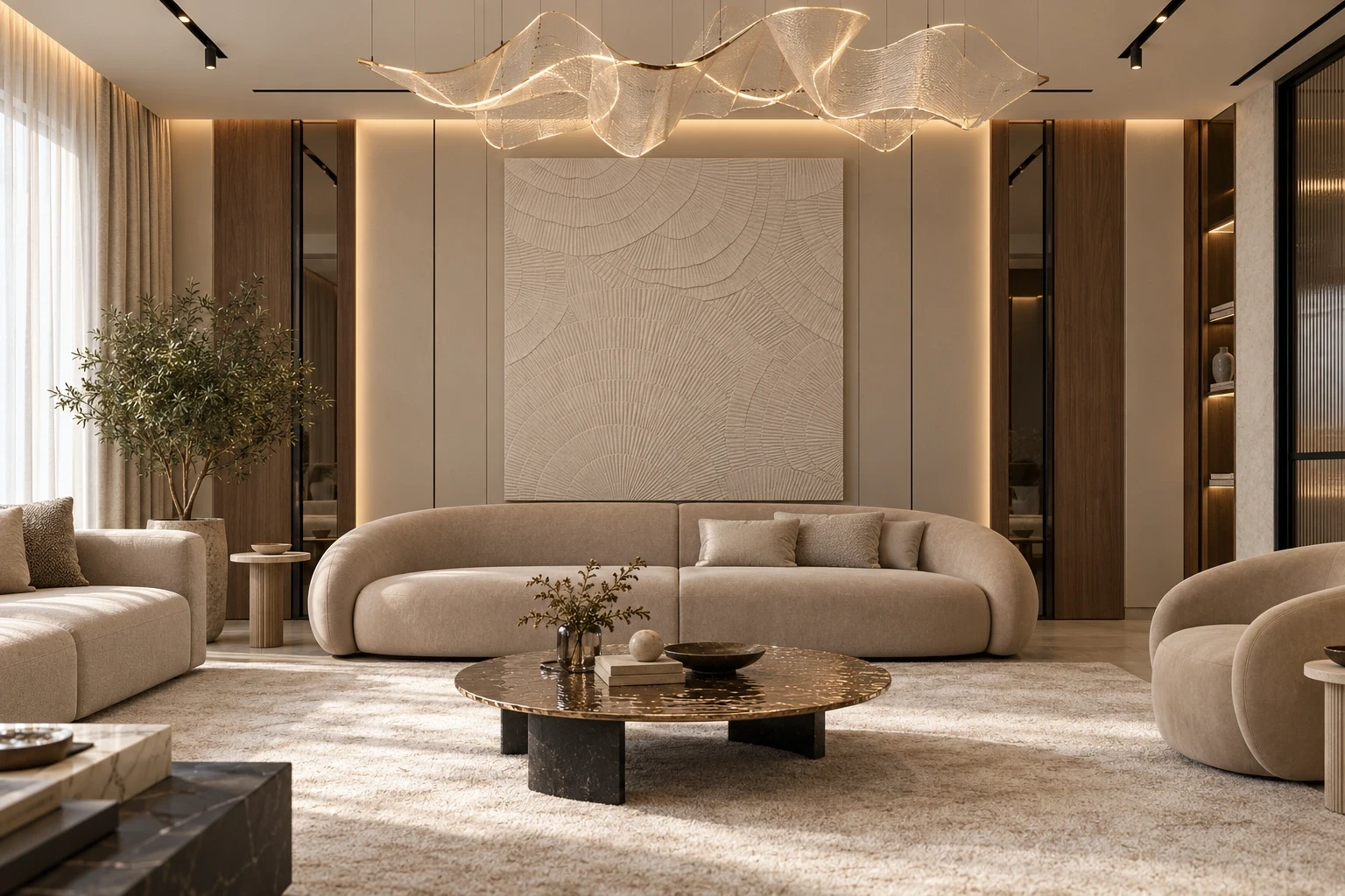 Curved ivory sofa with sculptural lighting and warm wood finishes